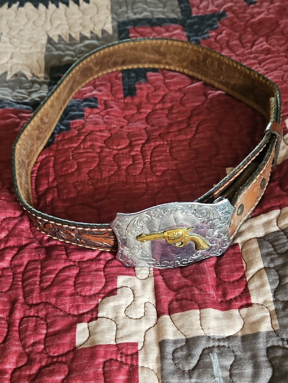 Vintage Child Western Belt 32" Six Shooter Belt Buckle Tooled Leather Chambers